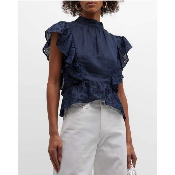 Frame Denim Sheer Ramie Eyelet Navy Blue Flutter Sleeve Boho Mock Neck Top - Picture 1 of 9